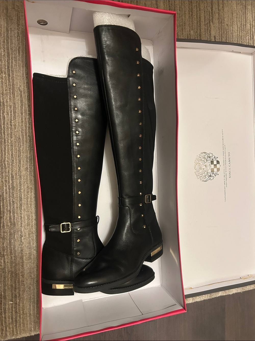 Vince Camuto Black Leather Over-the-Knee Boots with Gold Studs